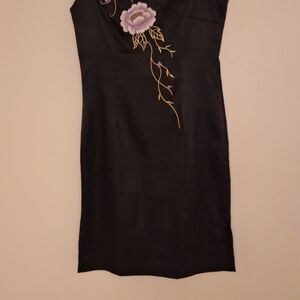 Black Midi Dress with Lavender Floral Embroidery